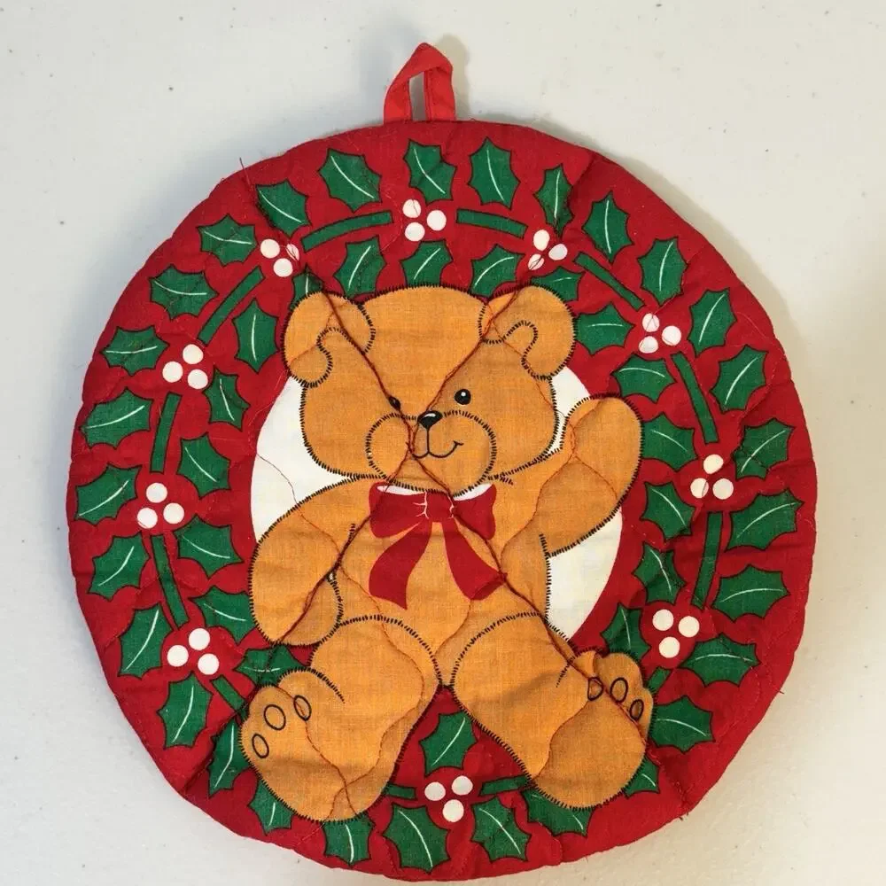 VTG Set Of 2 Christmas Teddy Bear 8.5” Round Red Quilted Fabric Pot Holder